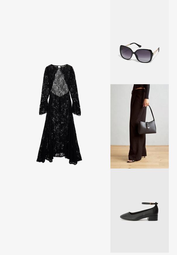 Juodas nėrinių suknelė su ilgomis varpo formos rankovėmis, turinti skaidrų liemenį ir sudėtingą gėlių raštą. Tekanti, aplink kojas ilga suknelė, išraiškingas apykaklės dizainas.; Juodas odinis aukštakulnis batelis su smailiu pirštu ir žemu bloku. Su kulkšnies dirželiu su auksinės spalvos sagtimi. Lygus paviršius.; Juodos didelės saulės akinių su pereinamais objektyvais, storomis rėmeliais ir auksinės spalvos grandinėmis ant šventyklų.; Juodas rankinė struktūrizuota forma, lygi tekstūra ir metalinis užsegimas. Suporuota su plačiomis juodomis kelnėmis ir atvirais bateliais ant medinių grindų.