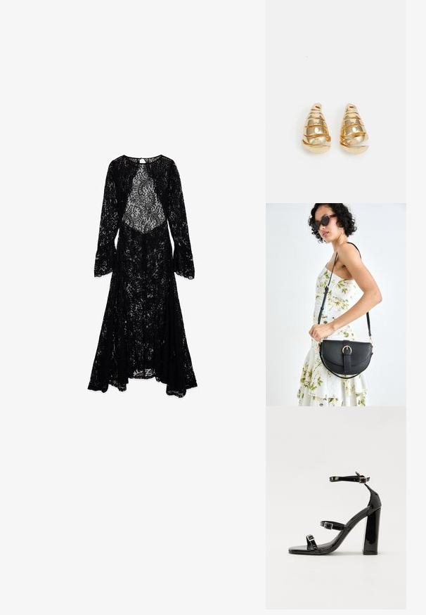 Zwarte kantjurk met lange klokmouwen, met een doorzichtige lijfje en een ingewikkeld bloemmotief. Vloeiende, vloerlange stijl met een gedetailleerde halslijn.; Zwarte patent lederen sandalen met hoge hakken, twee gespenbanden, een vierkante neus en een stevige blokhak, met een gladde, glanzende textuur.; Zwarte leren handtas met een gebogen vorm, afneembare schouderband en gouden hardware. De tas heeft een klep met een gespsluiting.; Gouden oorbellen in de vorm van langwerpige kegels met spiraaldetails. Vlotte oppervlakte met een reflecterende afwerking, met gebogen accenten.