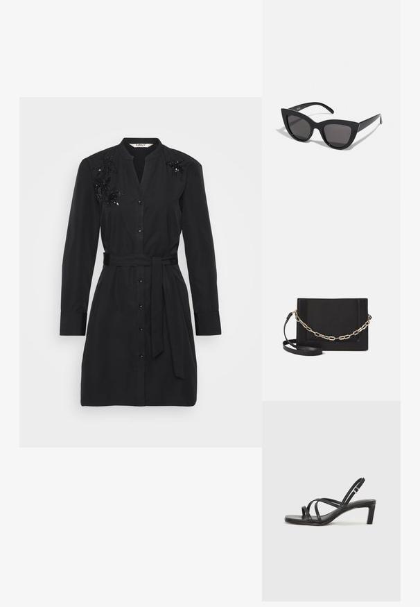 Černé šaty košilového střihu z bavlny s páskem v pase, zapínání na knoflíky vpředu a ozdobnými květinovými flitry na ramenech.; Černé sandály na tenkém podpatku se čtveratou špičkou a nízkým blokovým podpatkem. Mají několik tenkých popruhů a nastavitelné zapínání okolo kotníku. Vyrobeny z hladké kůže.; Černé sluneční brýle ve stylu kočičích očí s matným povrchem, vybavené šedými zabarvenými skly, ostrými liniemi a elegantními bočními rameny. Název značky viditelný na vnitřní straně ramene.; Černá kožená crossbody taška s hladkým povrchem, obdélníkovým tvarem a kovovým řetízkem na přední straně. Součástí je nastavitelný popruh.