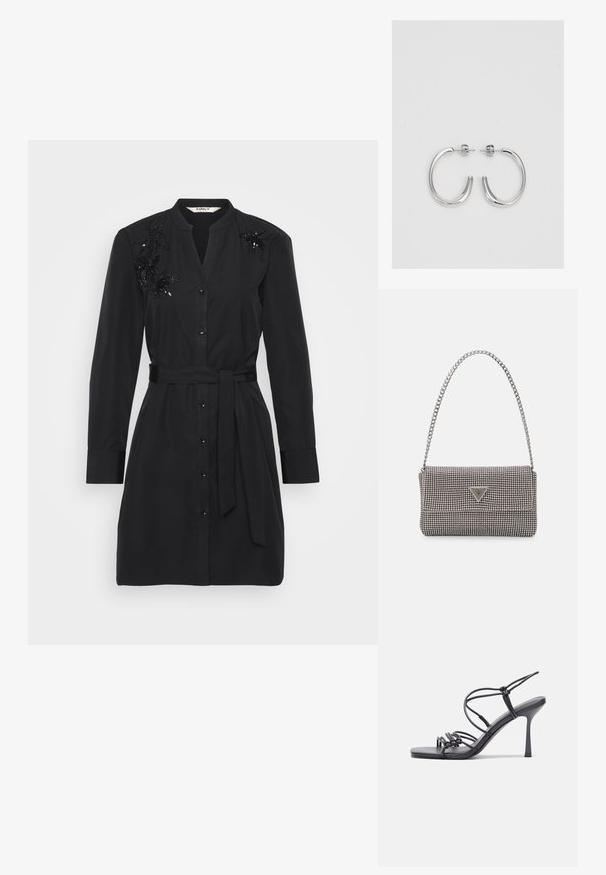 Rochie neagră din bumbac, cu un cordon în talie, cu nasturi pe față și detalii ornamentale din paiete florale pe umeri.; Sandale negre cu toc înalt au curele subțiri cu un design legat, un vârf pătrat neted și un toc stiletto elegant.; Geantă metalică gri deschis, cu un strap din lanț, decorată cu mici ținte circulare metalice și un logo de marcă triangular.; Cercei rotunzi din argint cu un finisaj neted și strălucitor. Design ușor, având o formă rotundă și închidere cu tijă.