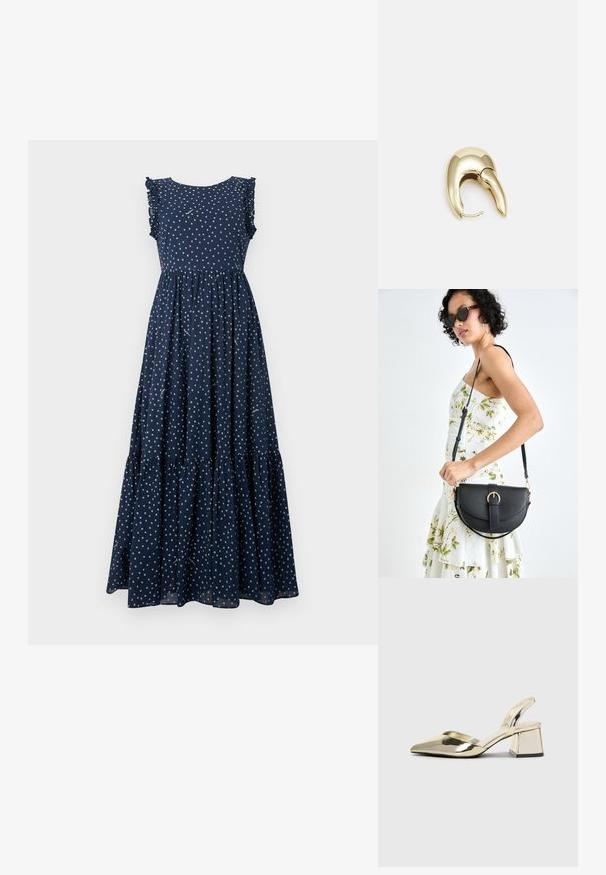 Maksi haljina u mornarsko plavoj boji s bijelim točkicama, s volanima na rukavima, uskim korzetom i slojevitom, lepršavom suknjom. Izrađena od lagane tkanine.; Zlatni metalik slingback sandali s šiljatim vrhom i debelim potpeticama. Glatka tekstura, minimalistički dizajn i uski remen.; Crna kožna torba s lukovitim oblikom, odvojivim remenom i zlatnim detaljima. Torba ima preklop s kopčom.; Zlatne metalne naušnice s elegantnim, zakrivljenim dizajnom. Imaju karakterističan šiljast oblik, poliranu površinu i zatvaranje na šarku.