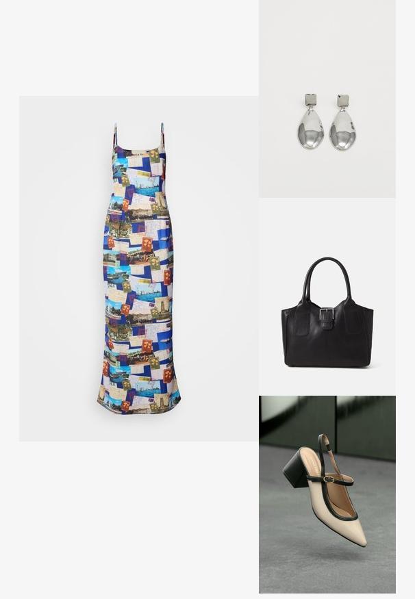 Pikk kleit õhukeste rihmadega, millel on värvikas postkaardikollaažiprint siledast kangast.; Beežid kõrgkontsaga slingback-king, millel on terav nina, must ääris ja pandla detail. Sile materjal mattlõpuga, keskmise suurusega plokktald.; Mustgamma nahast kott, millel on sile tekstuur, struktureeritud kuju, kaks käepidet ja esiküljel silmapaistev hõbedane pandla detail.; Hõbedased ripatsid, millel on ruudukujuline studs, siledat ja poleeritud viimistlust ning pisarakuju, peegeldades valgust läikiva pinnaga.