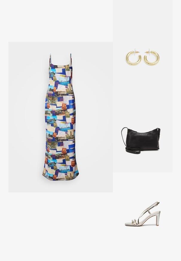 Rochie maxi cu bretele subțiri, având un imprimeu colorat cu colaje de cărți poștale pe un material cu textură netedă.; Sandalie cu toc înalt, metalice, argintii, cu vârful deschis, având trei bretele subțiri peste picior și o bretea pentru gleznă cu cataramă.; Geantă de umăr din piele neagră, cu o textură netedă, formă curbată, curea ajustabilă și închidere cu fermoar. Design minimalist, fără embellishments.; Cercei cercuri din aur cu un finisaj neted și strălucitor. Design circular cu un mic suport și un spate transparent pentru o purtare sigură.