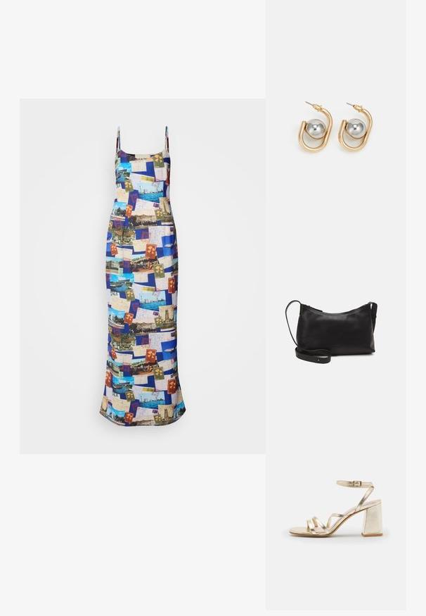 Robe maxi à fines bretelles, présentant un imprimé collage de cartes postales colorées sur un tissu à texture lisse.; Zign LEATHER - Sandales à talons hauts - gold; Sac à épaule en cuir noir avec une texture lisse, une forme courbée, une bandoulière ajustable et une fermeture éclair. Design minimaliste sans embellissements.; Boucles d'oreilles dorées avec un design incurvé, semblable à un anneau, mettant en avant un accent sphérique argenté. Fini en métal poli, fermoir à tige.