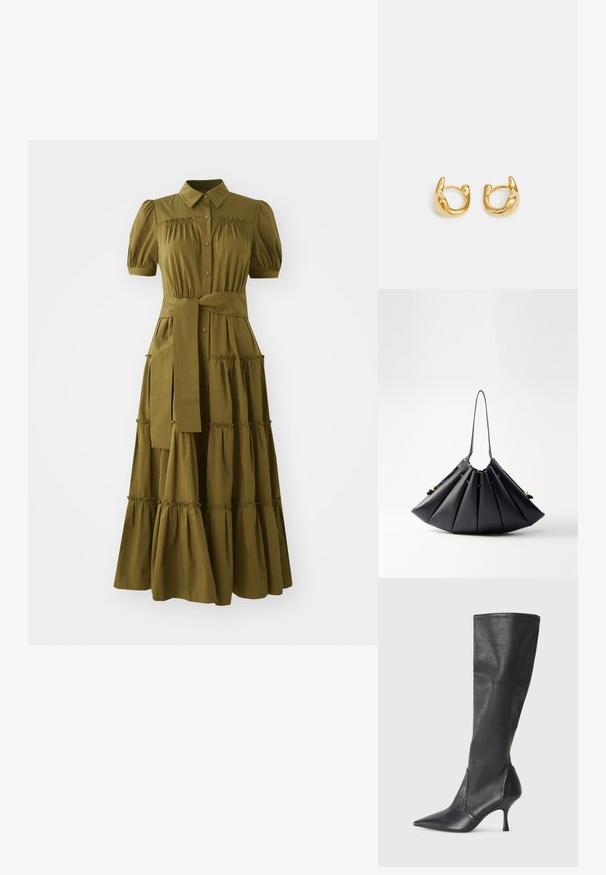 Olīvu zaļš, līdz ceļgaliem garš kleita ar īsām pūkaina piedurknēm, pogu aizdari un saistītu jostasvietu. Satur pakāpeniskas volānus ap svārku.; Ceļa auguma melni ādas zābaki ar smailu purngalu un šauru stiletto papēdi. Gluda tekstūra ar pieguļošu dizainu un izšuvumiem augšējā malā.; Melnas krokotas somiņas, kas izgatavota no gludas ādas, ar vienu rokturi, zelta akcentiem un ģeometriski strukturētu formu.; Zelta auskari ar gludu, noapaļotu dizainu un spīdīgu apdari. Auskariem ir kompakta, masīva forma un bezšuvju sprādze.