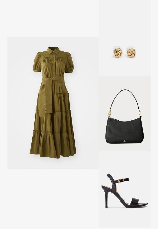 Olive roheline, põlvepikkune kleit lühikeste puffseelikutega, nööpidega kinnitamine ja nööriga talje. Skirts on kihilised rippuvad lühikesed.; Mustad kõrged kontsad mustades sandaalides, millel on siledast nahast pealsed, avatud varvas ja üks rihm koos kuldse pandlaga.; Mustast nahast käekott, millel on struktureeritud disain, tõmbluku sulg, eemaldatav rihm ja kuldse viimistlusega aksessuaarid.; Kuldse tooni sõlm kõrvarõngad, millel on keeratud disain. Igal kõrvarõngal on ringikujuline läbipaistev tagaosa, mis tagab kindla kandmise.