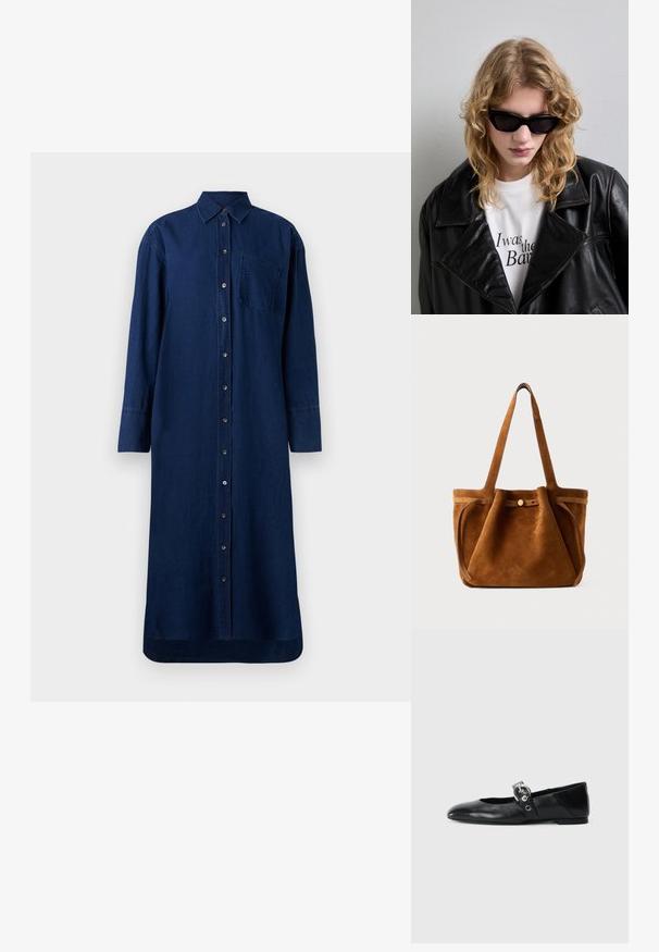 Langærmet denimskjortekjole i mørkeblå. Har knaplukning foran, spids krave og brystlomme. Glat tekstur med lige pasform.; Sorte læder balletflade med spids tå, udstyret med en rem med en cirkulær metallisk spænde og en flad sål.; Sorte solbriller med et strømlinet, vinkelret design. Modellen har en sort læderjakke over en hvid skjorte med trykt tekst, mod en neutral baggrund.; Brun suede tote taske med dobbelthåndtag, en lukning med knap og en afslappet, let slaskete form.