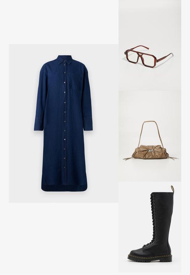 Tumesinine denim kleit, millel on nupud ees, pikad varrukad, krae ja rinnatasku; sirge lõige ja hea serv.; Mustad muste nahksaapad, mis ulatuvad põlvedeni, rasvase tallaga, nöörimisettepanekuga, metallist silmadega ja kontrastse kollase õmblusega.; Pruun läbipaistev ülisuurte äärega prillid, millel on ristkülikukujulised läätsed ja õhukesed käised. Nurga all, veidi ümarad nurgad ja nähtavad riistvarakatkendid.; Pruun nahast käekott, millel on voltimisega esipind, hõbedased detailid ja üks rihm. Sile tekstuur ja ristkülikuline kuju.