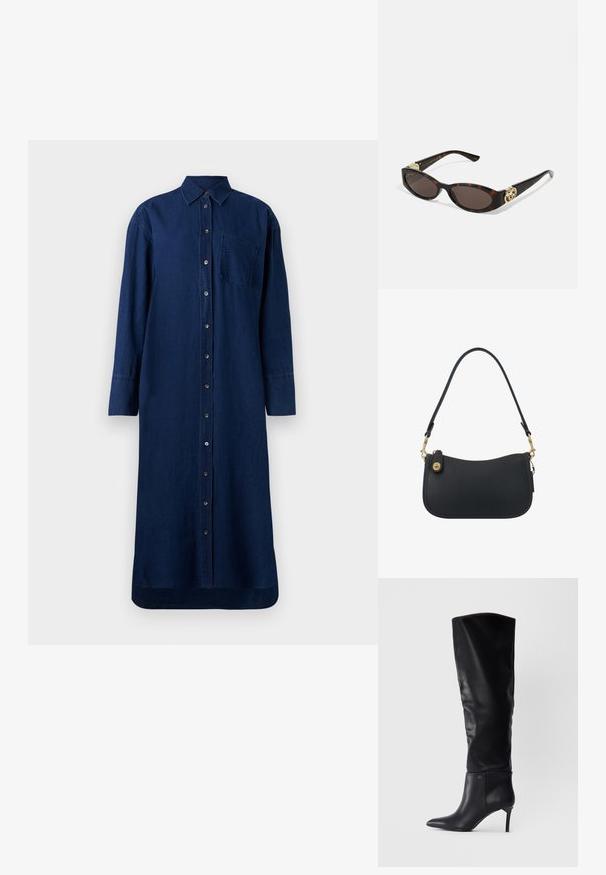 Haljina od trapera s dugim rukavima u tamno mornarsko plavoj boji. Ima prednji dio s gumbima, nazubljeni ovratnik i džep na prsima. Glatka tekstura s pravim krojem.; Crne kožne čizme do koljena s oštrim nosom, štiklom i elegantnim dizajnom s naglaskom na logotip na gležnju.; Suncane naočale od kornjačevine s izduženim ovalnim lećama, smešnim nijansama, zlatnim logotipom na drškama i elegantnim crnim krakovima.; Crna kožna torba za rame s zakrivljenim dizajnom, zlatnim hardverom i zatvaranjem na patentni zatvarač. Sadrži uklonjivu naramenicu i suptilne detalje u šivanju.