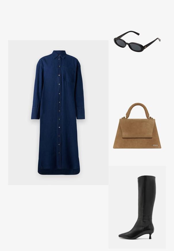 Mekko tummansinistä farkkukangasta, jossa on napit edessä, pitkät hihat, kaulus ja rintatasku; suora leikkaus ja helma.; Zign Saappaat - black; Mustat ylisuuruiset aurinkolasit, jotka ovat soikeat linssit, sileä muovikehys ja kultaiset korostukset temppeleissä. Tummat linssit tarjoavat suojaa auringolta.; Ruskea mokkahuulipussi, jossa on jämäkkä kolmion muoto, yläkahva ja läppäkiinnitys. Sivussa on hienovarainen logotulos.