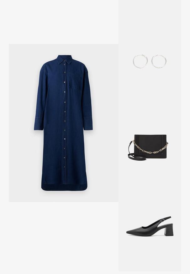 Džinsinė suknelė tamsiai mėlynos spalvos, su mygtukų priekine dalimi, ilgomis rankovėmis, apykakle ir krūtine kišenė; tiesus popierius ir apatinė dalis.; Juodas odinis šlepetis su užsegimu ant kulno, smailiu pirštu ir masyviu blokuotu kulnu. Yra reguliuojama juostelė su metaliniu užsegimu.; Juodas odinis per petį nešiojamas krepšys turi lygų paviršių, stačiakampio formą ir metalinę grandinėlę priekyje. Pridedama reguliuojama dirželis.; Sidabrinės auskarai žiedai su sėslia, apvalia forma, pasižymintys lygia paviršiumi ir be matomų puošmenų. Svoris nenurodytas.