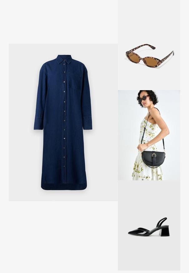 Vestido camiseiro de denim azul-marinho com fecho de botões à frente, mangas longas, gola e um bolso no peito; corte reto e barra.; Sandy em verniz preto com salto slingback, ponta afilada e salto geométrico. Apresenta um design elegante e minimalista com textura suave.; Óculos de sol em tartaruga com lentes ovais, com tonalidade castanha, hastes finas com padrão texturizado, estrutura leve em plástico.; Bolsa de couro preta com forma curva, alça destacável e detalhes em dourado. A bolsa possui uma aba com detalhe de fivela.