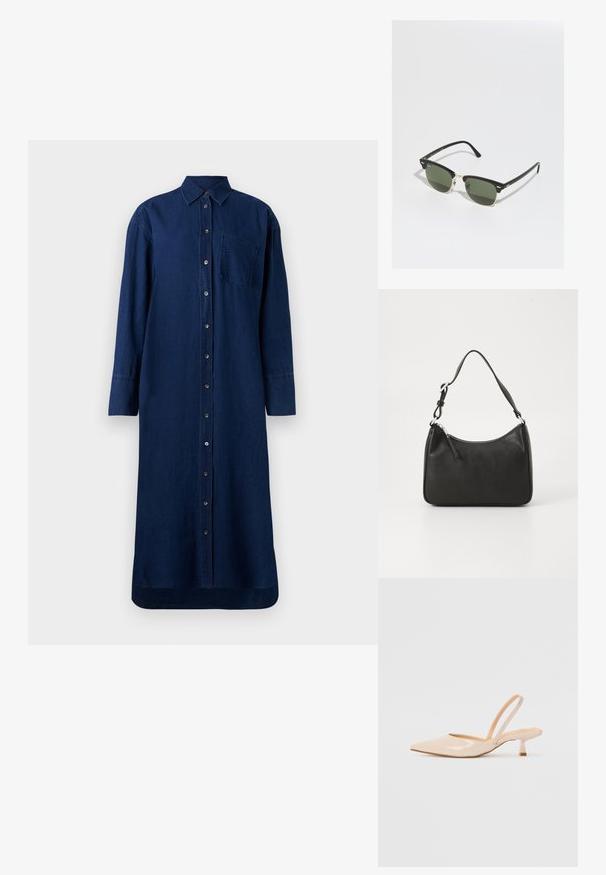 Mørkeblå denimskjortekjole med knapper foran, lange ermer, krage og brystlomme; rett snitt og nederkanten.; Beige patenterte lærremmer med spiss tå og slank, firkantet hæl. Glatt tekstur og minimalistisk design uten dekorasjoner.; Sorte og gull solbriller med grønne linser, med katteøyne-form, metalliske detaljer og en teksturert innfatning.; Svart lærveske med en buet form, en enkelt stropp, glidelåslukking og subtil merkevarebygging på forsiden. Glatt tekstur, minimalistisk design.