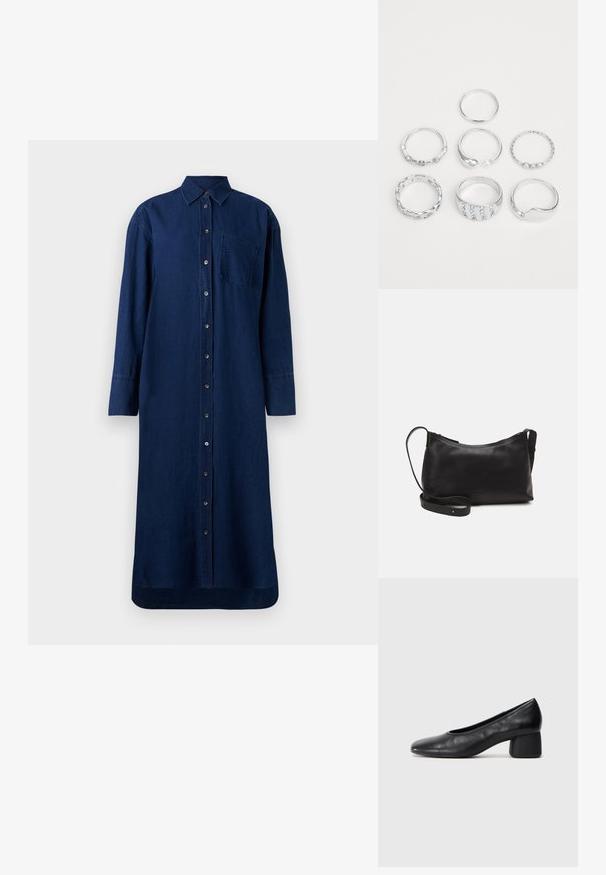 Vestito camicia in denim blu navy con bottoni frontali, maniche lunghe, colletto e taschino sul petto; vestibilità dritta e orlo.; Pantofole nere in pelle con punta arrotondata e tacco medio a blocco. Texture liscia con dettagli minimi, caratterizzata da un'apertura elastica sottile.; Borsa a spalla in pelle nera con una texture liscia, forma curva, tracolla regolabile e chiusura con zip. Design minimalista senza ornamenti.; Set di otto anelli in argento, con vari design tra cui lisci, texturizzati e uno con piccole perle. Caratteristiche includono curve e dettagli decorativi.