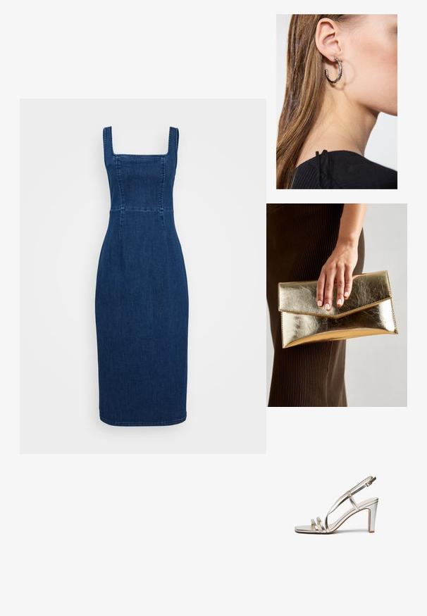 Tmavě modré džínové šaty se čtvercovým výstřihem, přiléhavým korzetem a siluetou tužky. Mají švy a délku až ke kolenům.; Metalické stříbrné sandály na vysokém podpatku s otevřenou špičkou, které mají tři tenké pásky přes nohu a pásek kolem kotníku s přezkou.; Zlatá metalická kabelka typu clutch s hladkým povrchem, s trojúhelníkovým zavíráním. Ruka, která ji drží, má pečlivě upravené nehty.; Stříbrný kruhový náušník s lesklým povrchem, zdobený malými zlatými akcenty, v kulatém tvaru, nošený na lalůčku.