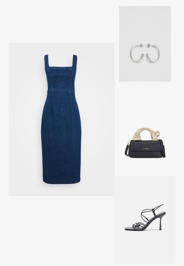 Tamsiai mėlyna džinsinė suknelė su kvadratiniu iškirpimu, prigludusia liemene ir pieštuko siluetu. Yra siūlės ir kelių ilgio apdaila.; Juodos aukštakulnės sandalai pasižymi plonyčiais dirželiais su mazgo dizainu, lygiu kvadratiniu pirštu ir elegantišku stiletto kulnu.; Juodas odinis rankinukas su auksine katės formos rankena, turintis priekinę atvartą, reguliuojamą diržą ir logotipo detalę apatiniame priekyje.; Sidabrinės auskarai žiedai su lygiu, blizgiu paviršiumi. Suapvalinta forma, lengvas dizainas, su uždarymu ant smeigtuko.