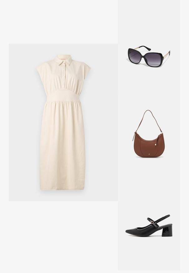 Gaišbeige kleita ar apkakles kakla izgriezumu, pogu priekšu un elastīgu jostasvietu. Izgāztā svārka ar īsām piedurknēm un gludu, mīkstu tekstūru.; Melns patentēts ādas sandales ar norādīta pirksta formu, noapaļotu izgriezuma dizainu un bloķētu papēdi. Iezīmēta ar zelta toņa sprādzi.; Melni pārmērīgi lieli saulesbrilles ar gradāciju lēcām, biezām rāmja malām un zeltainas krāsas ķēžu detaļām uz tempļiem.; Brūns mākslīgās ādas pleca soma ar izliekta forma, minimāls šuvums un zelta toņa aparatūras akcenti. Aprīkota ar augšējo rāvējslēdzēju un regulējamu siksnu.