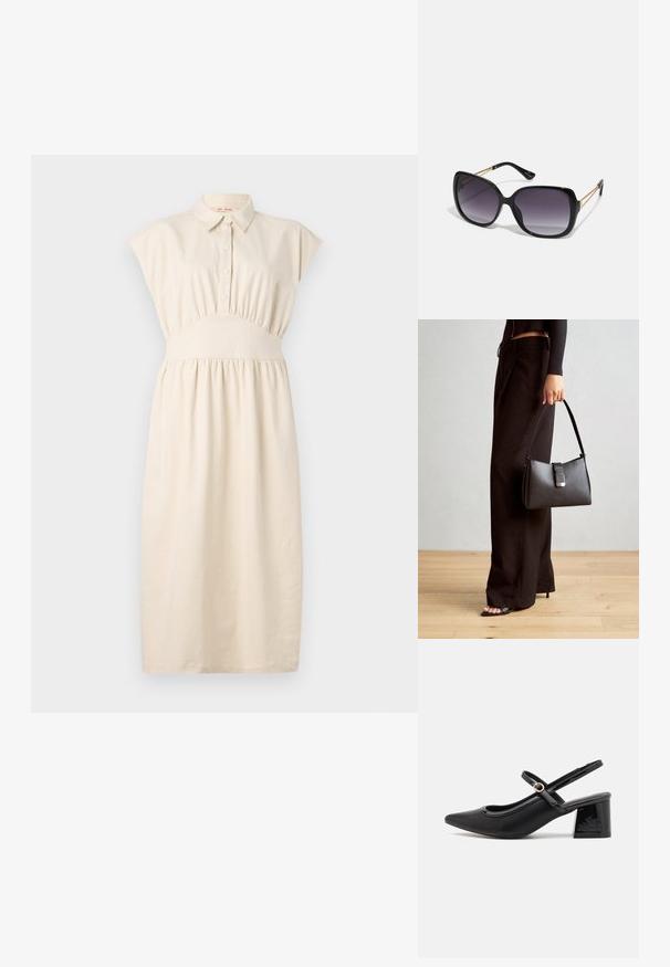 Gaišbeige kleita ar apkakles kakla izgriezumu, pogu priekšu un elastīgu jostasvietu. Izgāztā svārka ar īsām piedurknēm un gludu, mīkstu tekstūru.; Melns patentēts ādas sandales ar norādīta pirksta formu, noapaļotu izgriezuma dizainu un bloķētu papēdi. Iezīmēta ar zelta toņa sprādzi.; Melni pārmērīgi lieli saulesbrilles ar gradāciju lēcām, biezām rāmja malām un zeltainas krāsas ķēžu detaļām uz tempļiem.; Melnā somiņa ar strukturētu formu, gludu tekstūru un metālu sprādzi. Saskaņota ar platām melnām biksēm un sandālēm ar atvērtu purngalu uz koka grīdas.