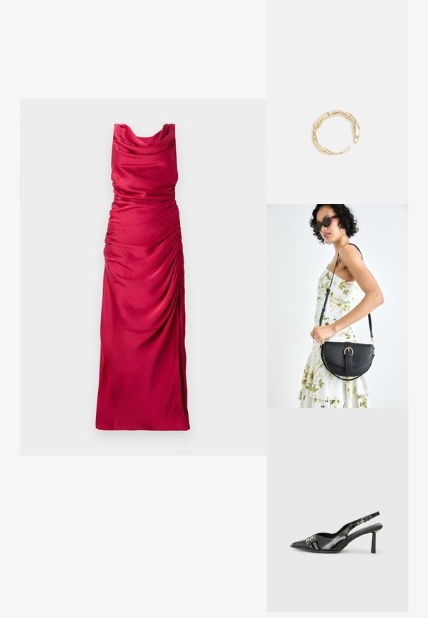 Raudona suknelė iki žemės su gaubtu, pagaminta iš ryškaus raudono audinio. Suknelė turi surinktus šoninius detalius, suteikiančius tekstūrinį įvaizdį. Sklandi, lengva medžiaga.; Juodas lakuotas odinis batelis su smailiu pirštu, kulkšnies dirželiais su sidabrinėmis sagtimis ir detalėmis, bei plonu kulnu.; Juodas odinis krepšys su išlenkta forma, nuimamu dirželiu ir auksiniais detalėmis. Krepšys turi kilpą su sagtimi.; Auksinės spalvos žiedas, turintis organišką, sukimosi dizainą su lygiu paviršiumi ir siaurėjančiais galais, sukuriantis modernią skulptūrinę išvaizdą.