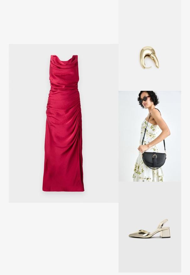 Haljina do poda s ogrlicom od tkanine u svijetlo crvenoj boji. Ima naglašene detalje sa strane koji stvaraju teksturirani izgled. Glatki, lagani materijal.; Zlatni metalik slingback sandali s šiljatim vrhom i debelim potpeticama. Glatka tekstura, minimalistički dizajn i uski remen.; Crna kožna torba s lukovitim oblikom, odvojivim remenom i zlatnim detaljima. Torba ima preklop s kopčom.; Zlatne metalne naušnice s elegantnim, zakrivljenim dizajnom. Imaju karakterističan šiljast oblik, poliranu površinu i zatvaranje na šarku.