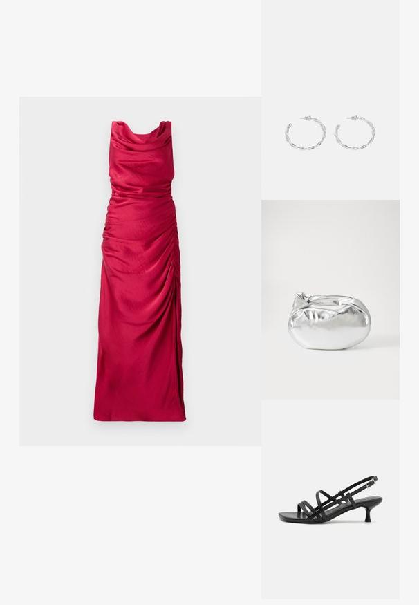 Robe longue à col bateau en tissu rouge vif. Présente des détails froncés sur les côtés, créant un effet texturé. Matière lisse et légère.; Sandales à talons noirs avec plusieurs brides entrecroisées. Matériau lisse, bout pointu et talon étroit. Bride de cheville ajustable avec boucle.; Pochette en métal argenté avec une forme douce et arrondie et un fermoir en haut noué. Fabriquée en simili cuir lisse.; Boucles d'oreilles en argent en forme de créoles avec un design torsadé, dotées d'une finition polie et d'une fermeture à poussoir. Mesurent environ 3 cm de diamètre.