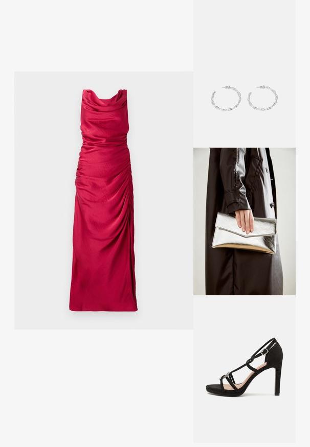 Kööpkaela pikk suvine kleit erksas punases kangas. Omab kogutud külgdetailide nüanssi, luues tekstuuri efekti. Sile ja kerge materjal.; Mustad sametist kõrge kontsaga sandaal, millel on ristuvad rihmad, dekoratiivne hõbedatooniline aksessuaar ja platvormpõhi lisakõrguse jaoks.; Hõbedane metallist kott, millel on nurkne ümbriku disain, sile tekstuur ja kontrastne sisekuju, hoituna musta jope käes.; Hõbedased rõngaskõrvarõngad keerutatud disainiga, millel on poleeritud viimistlus ja posti-tagune sulgemine. Diameeter umbes 3 cm.