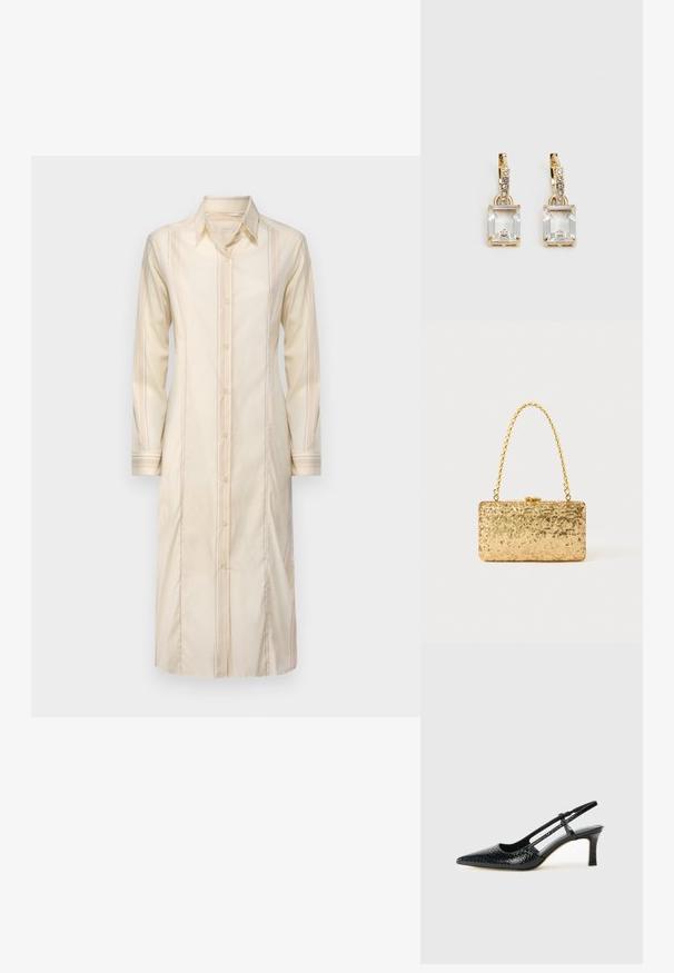 Długa sukienka koszulowa w kolorze kremowym z kołnierzykiem, zapinana na guziki, w pionowe prążki; posiada długie rękawy i prostą sylwetkę.; Czarne lakierowane czółenka na obcasie typu slingback z wąskim noskiem, z teksturowanym wzorem wężowym, regulowanym paskiem oraz krótkim, teksturowanym obcasem w kształcie słupka.; Złota kopertówka z cekinami o prostokątnym kształcie, z zakręconym uchwytem w postaci łańcuszka oraz metalowym zapięciem, odbijająca światło o fakturowanym wykończeniu.; Złote kolczyki z prostokątnym, przezroczystym kryształem zwisającym poniżej rzędu małych, okrągłych, przezroczystych akcentów. Elegancki, nowoczesny design.
