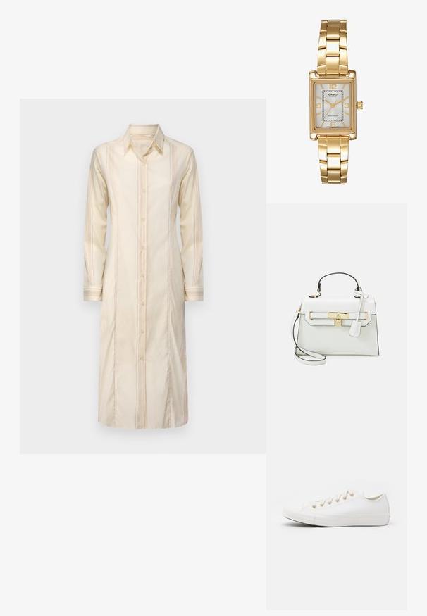 Rochie lungă din material crem, cu guler, închidere cu nasturi pe față și dungi verticale; are mâneci lungi și o siluetă dreaptă.; Converse CHUCK TAYLOR ALL STAR - Sneakers low - vintage white/light gold; Geantă albă cu textură de crocodil, accesorii din aur, mânere superioare și curea de umăr detașabilă; are un sistem de închidere cu lacăt și un design minim.; Ceas de mână rectangular cu nuanță aurie, cu un cadran alb, marcaje argintii pentru ore și o brățară din linkuri metalice durabile. Include caracteristica de rezistență la apă.