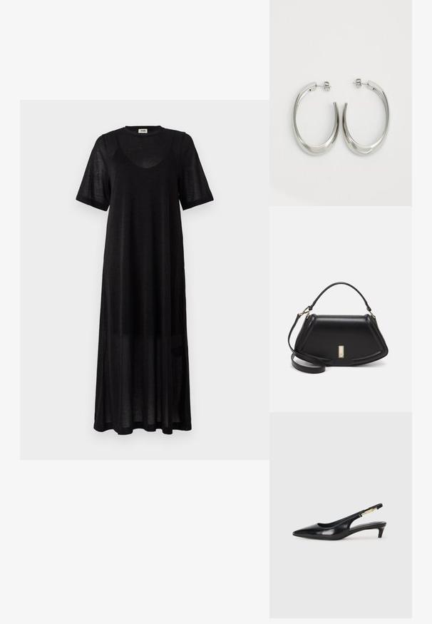 Čierne šaty po kolená vyrobené z ľahkého, priesvitného materiálu. Majú okrúhly výstrih, krátke rukávy a voľný, pohodlný strih.; Čierne kožené slingback opätky s špicatou špičkou, s úzkym opätkom a zlatým detailom na nastaviteľnom remienku. Hladká textúra.; Čierna kožená kabelka so štruktúrovaným dizajnom, s krátkym tvarom, hornou rúčkou a zlatými prvkami. Súčasťou je nastaviteľný ramenný popruh.; Strieborné kruhové náušnice s hladkým, zakriveným dizajnom. Majú lesklý kovový povrch a zapínanie na kolík. Žiadne viditeľné vzory ani akcenty.