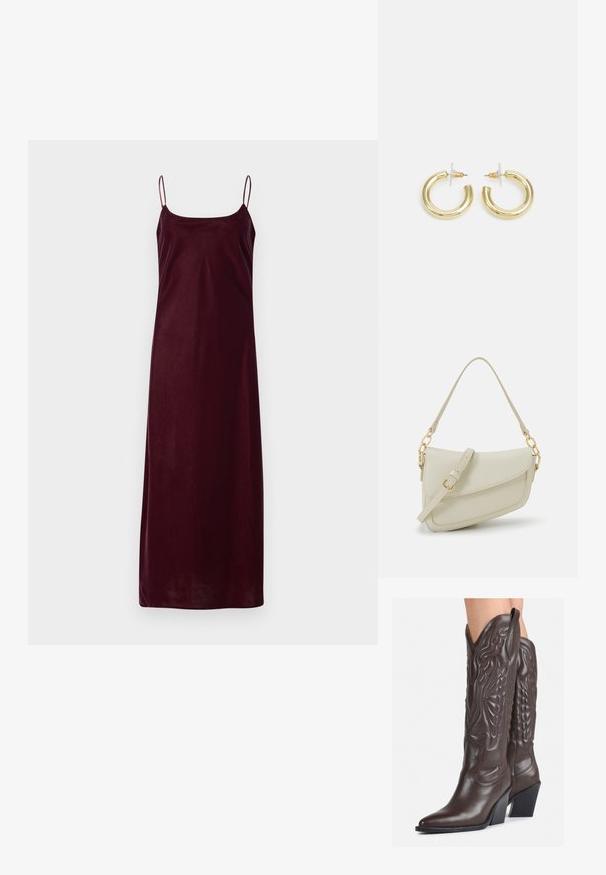 Vestito senza maniche color bordeaux con sottili spalline e silhouette dritta, realizzato in tessuto liscio e morbido. Design minimalista senza decorazioni.; Stivali da cowboy in pelle marrone con punta affusolata e tacco a blocco, caratterizzati da dettagliati ricami e accenti rialzati sul gambale.; Piccola borsa a tracolla crema con finitura testurizzata, una lunga tracolla regolabile, un accento a catena e chiusura a patta. Dettagli in hardware dorato.; Orecchini a cerchio in oro con una finitura liscia e lucida. Design circolare con un piccolo perno e una chiusura trasparente per un indosso sicuro.