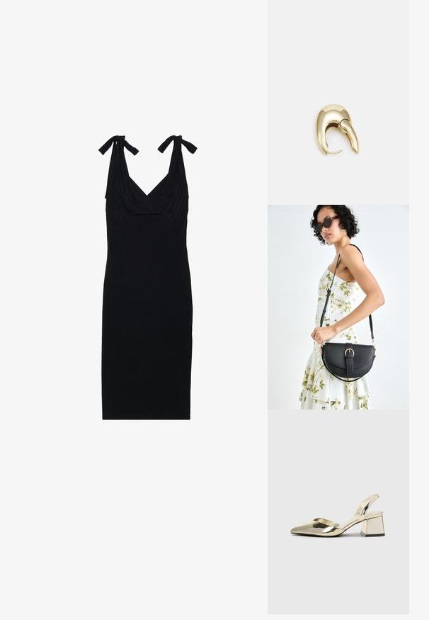 Must mustriga kleit pehmest ja venivast kangast, millel on voogav rinnaosa ja kootud õlapaelad, keha lähedalne siluett kuni põlveni.; Kuldne, metallilised slingback-kudumid terava varba ja paksu kontsaga. Sile tekstuur, minimalistlik disain ja kitsas rihm.; Mustmust mustraha kõverate joontega, eemaldatava rihmaga ja kuldsete detailidega. Kotil on klapp, millel on pandladetail.; Kuldtooni metallist kõrvarõngas, millel on elegantne ja kaarjas disain. Omab silmapaistvat teravat kuju, poleeritud pinda ja hingesulgemist.