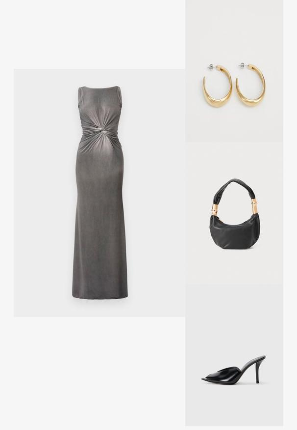 Pelēks piekļaujams maxi kleita ar apaļu kakla izgriezumu un vērpiens detaļu jostasvietā. Izgatavota no maiga, gluda auduma ar nedaudz mirdzošu tekstūru.; Melnas ādas augstpapēžu mūlas ar atvērtu purngalu, vērptu dizainu, gludu tekstūru un šauru stilletu papēdi.; Melnas ādas rokassoma ar apaļu formu, mīkstu tekstūru un mezgla rokturi, kas rotāts ar zelta tonētiem aksesuāriem. Ar rāvējslēdzēja aizdari.; Zeltaini auskari ar gludu, izliekta dizaina. Izgatavoti no metāla, ar elegantu apdari un aizmugurējām aizdares aizsargām.