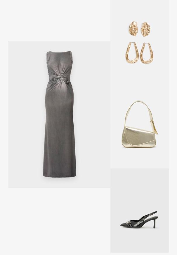 Šedé maxi šaty s přiléhavým střihem a výstřihem do kulata, s twist detaily v pase. Vyrobeno z měkké, hladké tkaniny s mírně lesklou texturou.; Černá lakovaná slingback obuv s špičatou špičkou, kotníkovými pásky s kovovými sponami a příslušenstvím, a štíhlým podpatkem.; Zlatá metalická kabelka se strukturovaným designem, hladkým povrchem a nastavitelným popruhem. Disponuje unikátním trojúhelníkovým tvarem a minimalistickým prošitím.; Náušnice ve zlatém tónu s texturovanými, vlnitými tvary. Obsahují sochařské klipy a design otevřeného kruhu s kladivkovým povrchem.