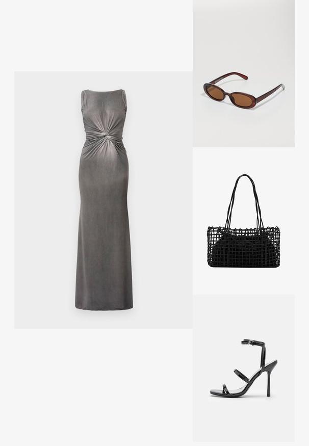 Robe maxi ajustée grise avec un décolleté en scoop et un détail torsadé à la taille. Fabriquée dans un tissu doux et lisse avec une texture légèrement brillante.; Sandales à talons hauts en cuir verni noir avec trois sangles horizontales et une sangle de cheville ajustable. Silhouette élégante et finition brillante.; Lunettes de soleil rondes teinte brun avec une monture bordeaux brillante. Branches fines avec un détail de marque subtil. Design de verres plats.; Sac à main noir en tissage avec un design en mailles ouvertes et deux longues poignées. Dispose d'un sac intérieur noir solide pour le rangement.