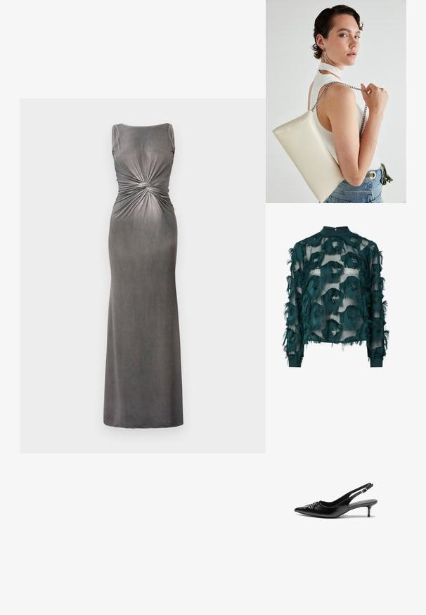 Robe maxi ajustée grise avec un décolleté en scoop et un détail torsadé à la taille. Fabriquée dans un tissu doux et lisse avec une texture légèrement brillante.; Blouse en tulle teal avec des motifs circulaires texturés et effilochés, col haut et manches longues avec un ourlet droit. Fermeture au niveau de la nuque par un trou clé.; Des escarpins en cuir noir à talon slingback, avec un bout pointu, un petit talon kitten et un détail de nœud décoratif à l'avant. Texture lisse sur toute la surface.; Pochette rectangulaire blanche en matériau brillant, avec une bandoulière en chaîne argentée. Le modèle pose en mettant en valeur le sac contre un fond uni.