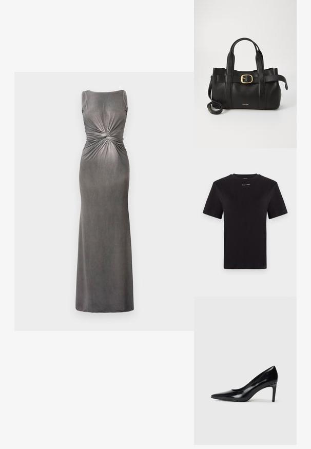 Robe maxi ajustée grise avec un décolleté en scoop et un détail torsadé à la taille. Fabriquée dans un tissu doux et lisse avec une texture légèrement brillante.; T-shirt noir en coton à manches courtes, col rond, avec un petit logo blanc "Calvin Klein" sur la poitrine. Texture lisse, coupe classique.; Chaussure à talon haut en cuir noir avec un bout pointu, texture lisse et un talon effilé. Design minimaliste, sans embellissements supplémentaires.; Sac à main en cuir noir présentant un design structuré, deux poignées supérieures, un accent de boucle en ton doré et un logo de la marque en relief à l'avant.
