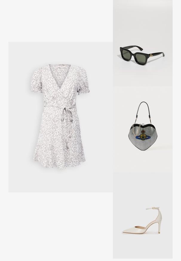 Hvid omslagskjole med brunt blomstermønster, V-udskæring, korte puffede ærmer og bindebånd i taljen. Glat stof, afslappet pasform.; Hvide læder højhælede sko med spids tå, ankelrem og en slank stiletto-hæl. Glat tekstur med subtilt glansfuld finish.; Sorte rektangulære solbriller med mørkegrønne linser. Har en glansfuld plastikramme og guldhardware detaljer på siderne.; Hjerteformet handsker lavet af netmateriale med en metallisk finish, der har et katte- og planetdesign i blå, gul og rød. Inkluderer en kædetras.; Sølvring formet som en hestesko, pyntet med små klare ædelsten langs den ydre kant og et centralt design med et kors.