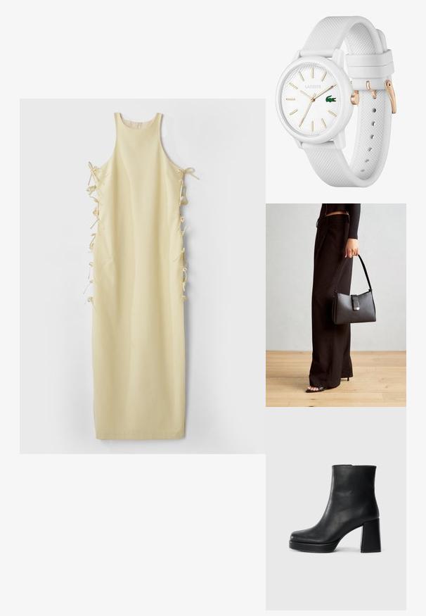 Žuta haljina bez rukava s visokim izrezom, koja ima bočne vezice za prilagodljivo pristajanje i glatku, mekanu teksturu. Jednostavna i ravna silueta.; Crna kožna čizma do gležnja s blok petom i platformom, prikazana s bočne strane na jednostavnoj bijeloj pozadini.; Crna torba s oblikom koji sadrži strukturu, glađu teksturu i metalnu kopču. Uparena s širokim crnim hlačama i sandalama na otvorenom s drvenog poda.; Bijela silikonska sat sa teksturiranim remenom, s okruglim licem, zlatnim oznakama i Lacoste logotipom u zelenoj boji.