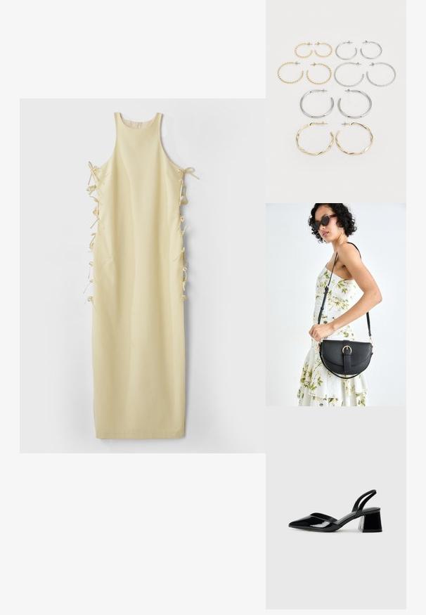 Gul ärmlös klänning med hög urringning, som har sidofixeringar för justerbar passform och en mjuk, slät textur. Enkel och rak silhuett.; Svarta lackläder slingback klackar med spetsig tå och geometrisk klack. Har en elegant, minimalistisk design och slät yta.; Svart läderhandväska med en böjd form, avtagbar rem och guldiga detaljer. Väskan har ett lock med en spänndetalj.; Set med tolv hoops i silver- och guldtoner. Inkluderar snurra, släta och texturerade designer i olika storlekar och ytor.