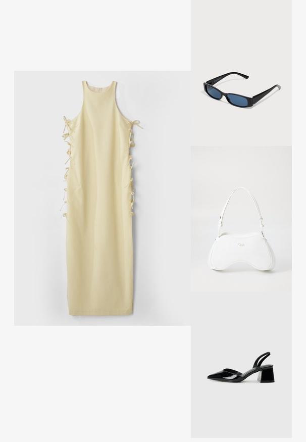 Vestido amarillo sin mangas con un cuello alto, que presenta lazos laterales para un ajuste ajustable y una textura suave y lisa. Silueta simple y recta.; Zapatos de tacón slingback de charol negro con punta afilada y tacón geométrico en bloque. Presentan un diseño elegante y minimalista, así como una textura suave.; Gafas de sol negras con una elegante montura rectangular y lentes azules. Presentan una textura suave y varillas resistentes. Logo de la marca en el costado.; Bolso blanco con una superficie lisa y brillante, forma curva y una sola correa ajustable. Presenta un logotipo grabado en la parte frontal.