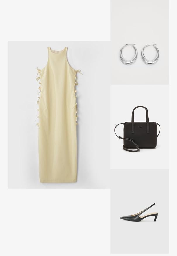Yellow sleeveless dress with a high neckline, featuring side ties for adjustable fit and a smooth, soft texture. Simple and straight silhouette.; Black pointy-toed slingback shoe with a low heel, featuring smooth leather material and cut-out design on the side for breathability.; Black handbag with dual short handles and a removable shoulder strap. Smooth leather-like material with a zip closure and logo detail.; Pair of polished silver crescent hoop earrings with hinged clasps on a white background.