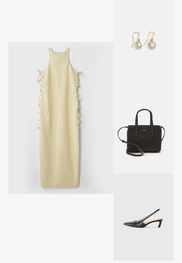 Žluté bezramínkové šaty s vysokým límcem, s bočními stuhami pro nastavení velikosti a hladkým, měkkým povrchem. Jednoduchý a rovný silueta.; Černý špičatý slingback s nízkým podpatkem, vyrobený z hladké kůže, s výřezem na boku pro lepší prodyšnost.; Černá kabelka s dvojitými krátkými uchy a odnímatelným ramenním popruhem. Hladký koženkový materiál s uzávěrem na zip a detailem loga.; Náušnice ve zlatém tónu s oválnými průhlednými krystaly obklopenými menšími průhlednými kameny, se zapínáním na háček pro bezpečné nošení.