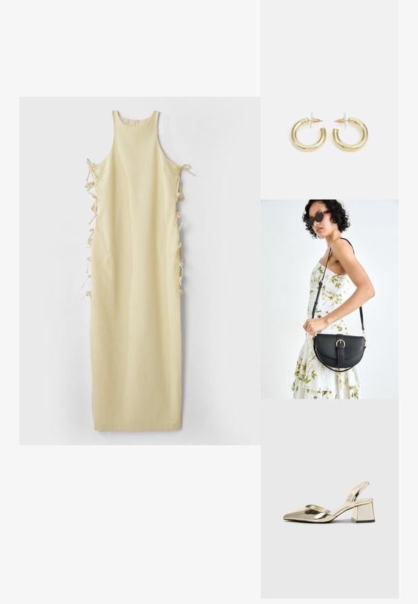 Rumena brezrokavna obleka z visokim ovratnikom, ki ima stranske vezi za prilagoditev in gladko, mehko teksturo. Preprosta in ravna silhueta.; Zlati, kovinski slingback čeveljci z ostrim nosom in masivnim peto. Gladka tekstura, minimalistična zasnova in ozka zanka.; Črna usnjena torbica s ukrivljeno obliko, z odstranljivo naramnico in zlatimi dodatki. Torbica ima pokrov s podrobnostmi v obliki zaponke.; Zlate uhane v obliki obročkov z gladko, sijočo površino. Krožna zasnova s majhnim nosilcem in prozornim podplatom za varno nošenje.