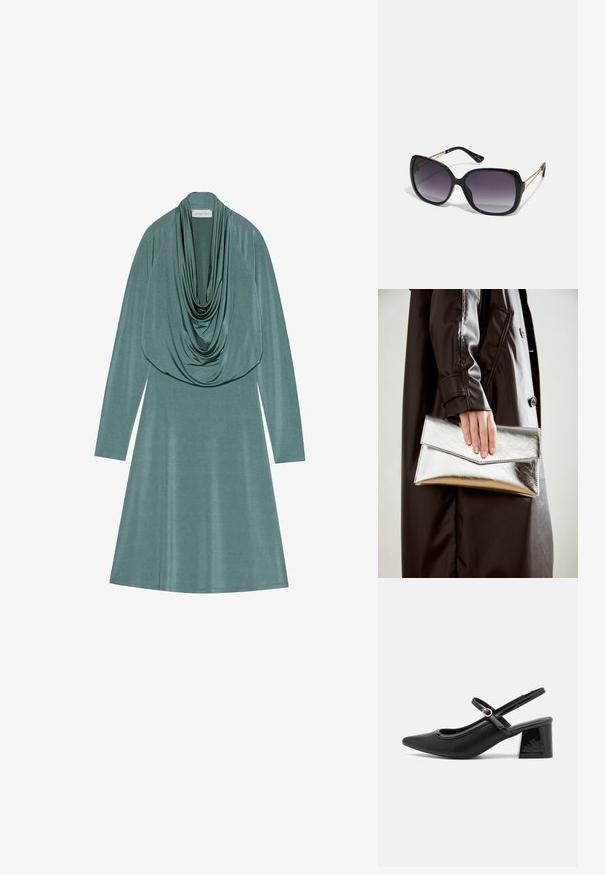 Cowl-neck jurk in gematigd groene stof, met lange mouwen en een vloeiende silhouet. Zachte, gladde textuur met een subtiele glans.; Zwarte gepolijste leren slingback hakken met een spitse neus, een ronde uitsnede en een blokhak. Voorzien van een gouden gespaccent.; Zwarte oversized zonnebril met gradient glazen, dikke montuur en gouden kettingdetails op de pootjes.; Zilveren metallic clutch met een hoekig envelopontwerp, een gladde textuur en een contrasterende binnenkleur, vastgehouden in een hand die een zwarte jas draagt.