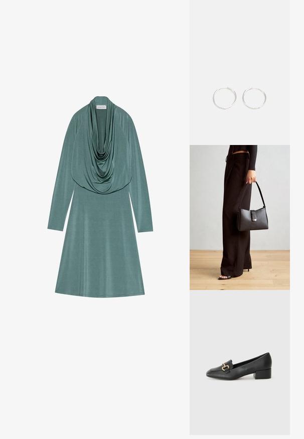 Cowl-neck jurk in gematigd groene stof, met lange mouwen en een vloeiende silhouet. Zachte, gladde textuur met een subtiele glans.; Zwarte lederen instappers met een platte hak, met een decoratieve gouden hardware detail aan de voorkant en een gladde textuur.; Zwarte handtas met gestructureerde vorm, gladde textuur en een metalen sluiting. Gecombineerd met brede zwarte broeken en sandalen met open teen op een houten vloer.; Zilveren ronde oorbellen met een strak ontwerp, voorzien van een glad oppervlak en zonder zichtbare versieringen. Diameter niet opgegeven.