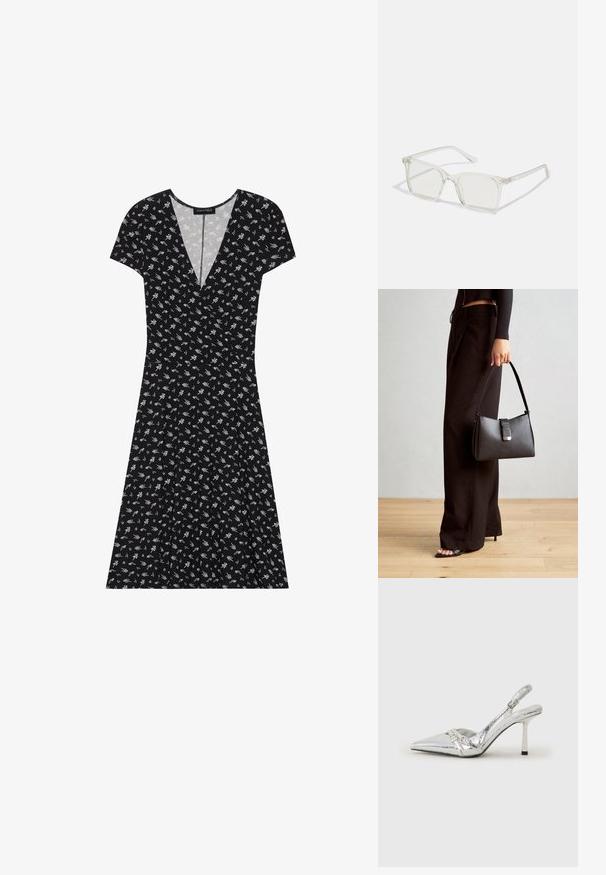 Fekete, rövid ujjú ruha V-nyakkivágással, fehér és zöld virágmintával. Bővülő szoknya, enyhén redőzött kialakítással.; Ezüst slingback magas sarkú cipő hegyes orral, fémszerű felülettel, két dekoratív pánttal és vékony sarkú, fekete végű dizájnnal.; Átlátszó műanyag négyzet alakú szemüveg, áttetsző lencsékkel, arany díszítéssel a szárakon a fokozott részletekért.; Fekete kézi táska strukturált formával, sima textúrával és fémből készült záródással. Széles fekete nadrággal és nyitott orrú szandállal párosítva, fából készült padlón.