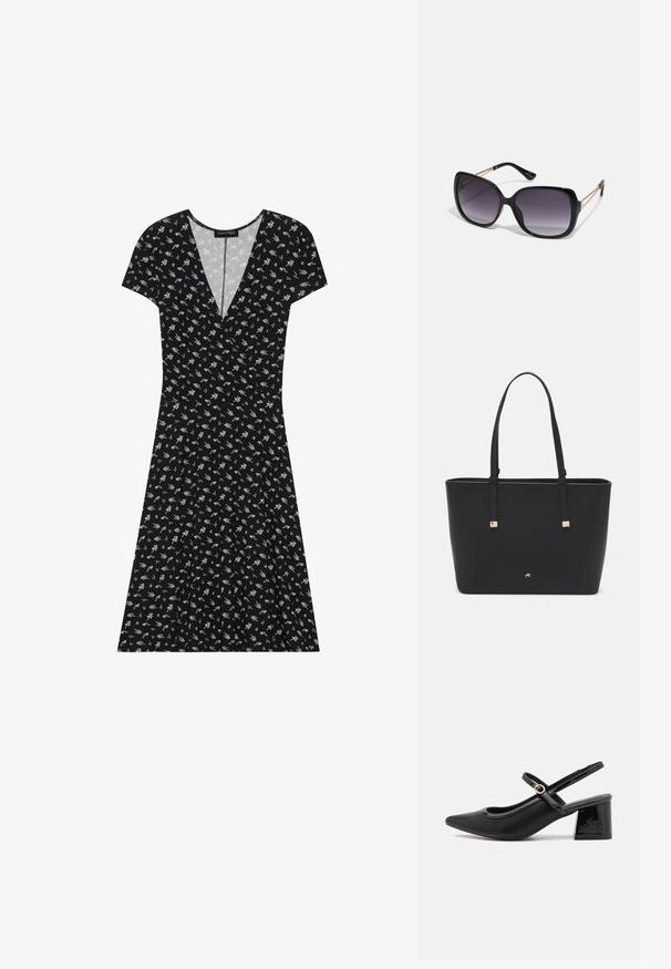 Černé šaty s krátkým rukávem a véčkovým výstřihem, zdobené květinovým vzorem v bílé a zelené barvě. Rozšířená sukně s mírně sklady.; Černé lakované lodičky s otevřenou patou, špičatou špičkou, zaobleným střihem a blokovým podpatkem. Zdobené akcentem v zlatém tónu.; Černé oversized sluneční brýle se gradientními skly, silnými rámy a zlatými řetízkovými detaily na nožičkách.; Černá taška přes rameno vyrobená z umělého materiálu, s jednoduchým obdélníkovým designem, zlatými čtvercovými akcenty a dvojitými uchy.
