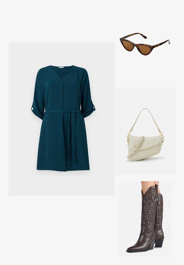 Tyrkysové šaty s výstrihom do V, trojštvrťovými rukávmi, viazaním v páse a ľahkou textúrou. Obsahujú jemný lesk a zrolovateľné gombíkové detaily.; Hnedé kožené kovbojské topánky s špicatou špičkou a blokovým podrážkou, so zložitým prešívaním a vyvýšenými akcentmi na puzdre.; Mačacie slnečné okuliare s čiernym a oranžovým želvovinovým rámom, hnedými sklami a elegantnými, špicatými koncami. Obsahujú minimalistické logo na spánku.; Malá krémová kabelka s textúrovaným povrchom, dlhým nastaviteľným popruhom, reťazovým detailom a klopovým uzáverom. Zlaté kovové prvky.