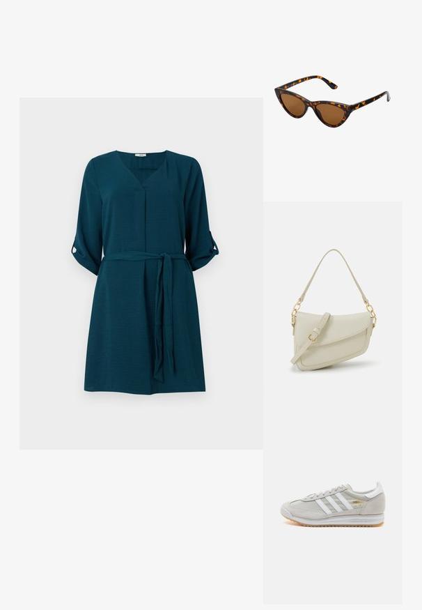 Teembleuvärinen mekko, jossa on V-pääntie, kolme neljänneksen hihaa, sidottava vyötärö ja kevyt kangas. Siinä on hienovarainen kiilto ja rullausnapit.; Vaaleanharmaat sneakerit, jotka on valmistettu mokasta ja verkosta, sisältäen kolme valkoista raitaa, pyöreän kärjen ja kumisen pohjan. Kultainen logo yksityiskohta nauhojen läheisyydessä.; Kattöga solglasögon med en svart och orange sköldpaddsmönstrad båge, bruna linser och slanka, spetsiga spetsar. Har en minimal logotyp på skalmen.; Pieni kerma beige käsilaukku, jossa on teksturoitu pinta, pitkä säädettävä olkahihna, ketjua korostava yksityiskohta ja läppälukko. Kultaista metalliosaa.