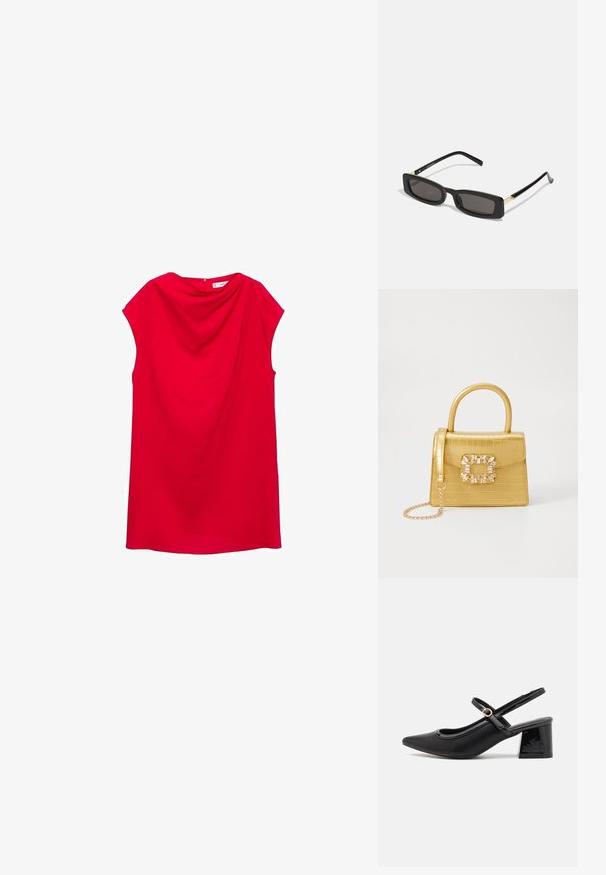 Rochie roșie fără mâneci, cu un decolteu drapat și un material moale. Prezintă o croială dreaptă și închidere la spate, fără embellishments vizibile.; Cizme cu toc slingback din piele sintetică lacuită neagră, cu vârful ascuțit, un design cu decupaj rotunjit și toc bloc. Include un accent cu cataramă de culoare aurie.; Ochelari de soare rectangulari negri cu lentile întunecate, rame din plastic lucios și accente aurii pe tample. Design minimalist și formă elegantă.; Geantă galbenă din faux-crocodil cu un design structurat, mână superioară, curea detașabilă cu lanț și embellisment decorativ cu cristale pe închidere.